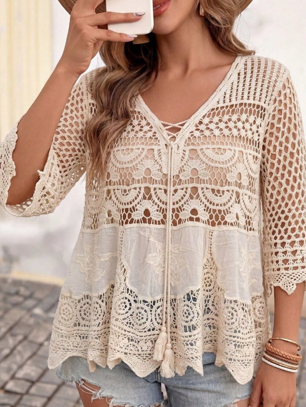 Apricot Casual Women's 3/4 Sleeve Crochet Lace V-Neck Ruffle Hem Cover Up - Picture 3 of 9